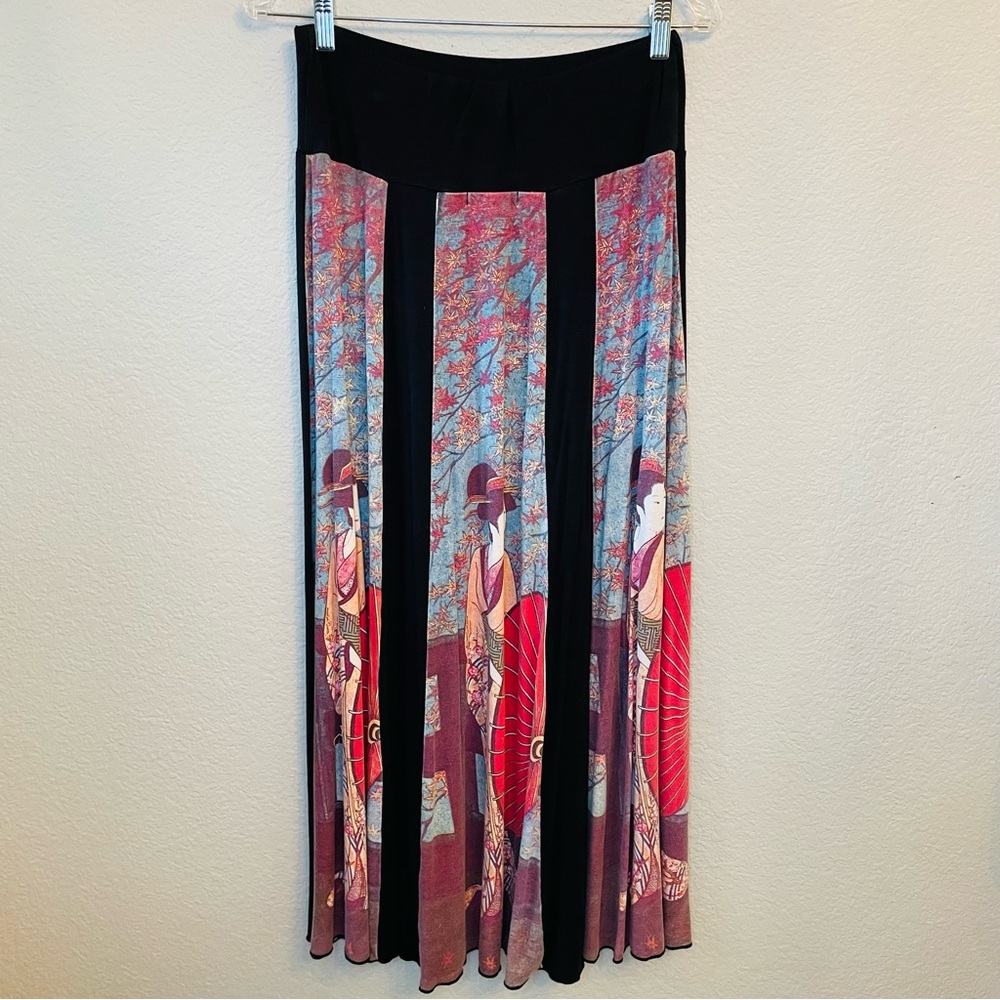 Eastern Serenity Black Red Geisha Print Flowy Stretchy Maxi Skirt | Medium - Picture 6 of 8